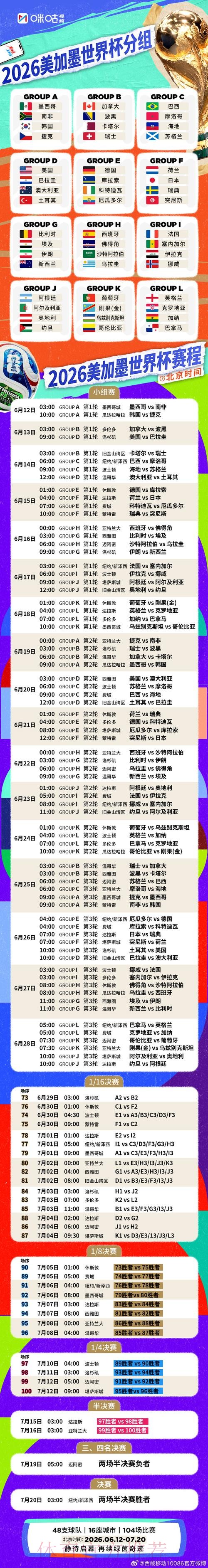 2026世界杯官方赛程完整版